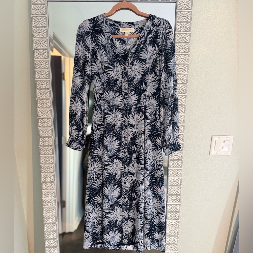 Michael Kors Navy and White Palm Leaf Long Sleeve Shirt Dress